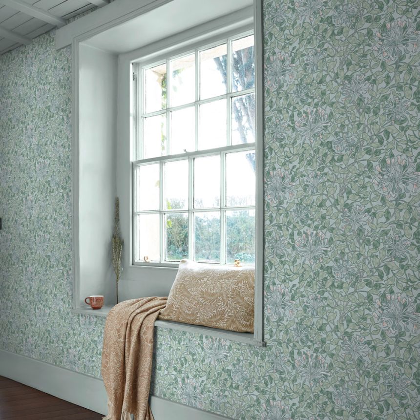 Tapéta, zöld, fehér, virágok, levelek, 140485, William Morris at Home vol. 2