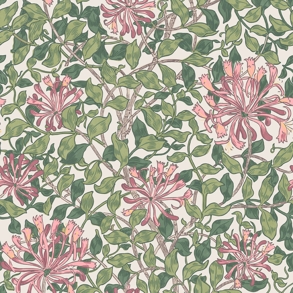 Tapéta, zöld, rózsaszín, virágok, levelek, 140486, William Morris at Home vol. 2