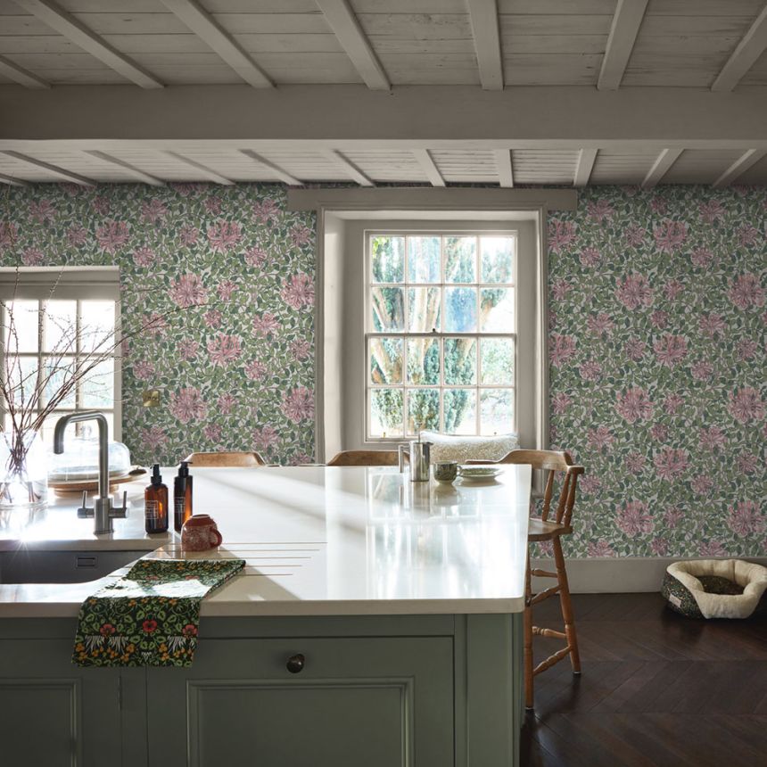 Tapéta, zöld, rózsaszín, virágok, levelek, 140486, William Morris at Home vol. 2