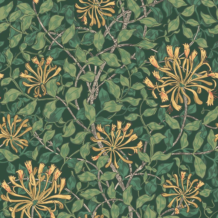 Tapéta, zöld, sárga, virágok, levelek, 140487, William Morris at Home vol. 2