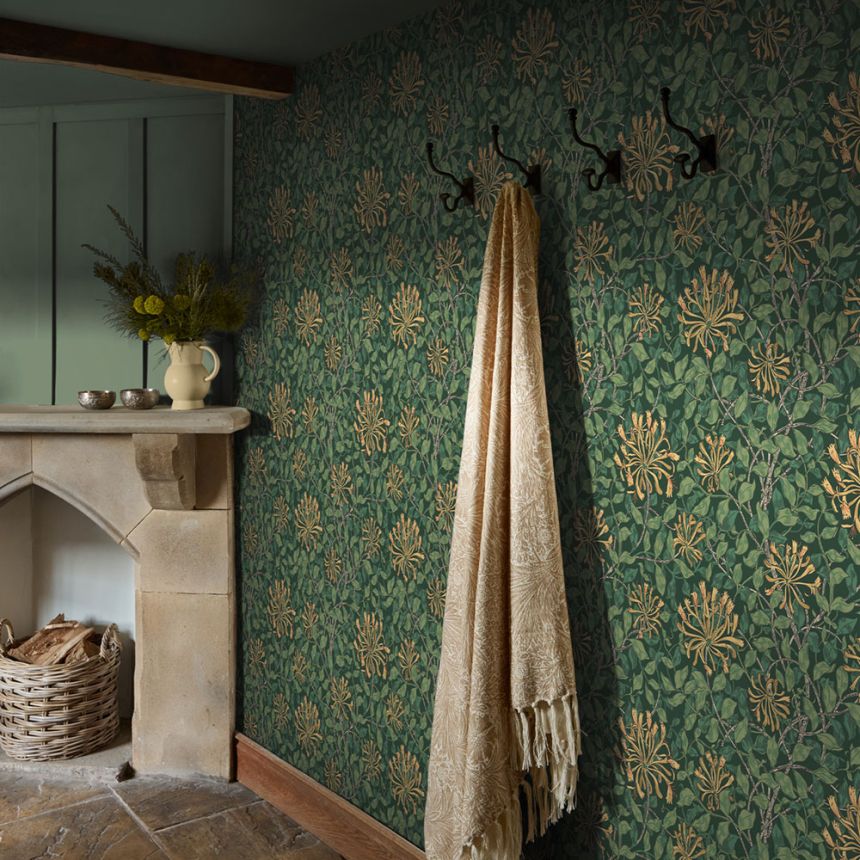 Tapéta, zöld, sárga, virágok, levelek, 140487, William Morris at Home vol. 2