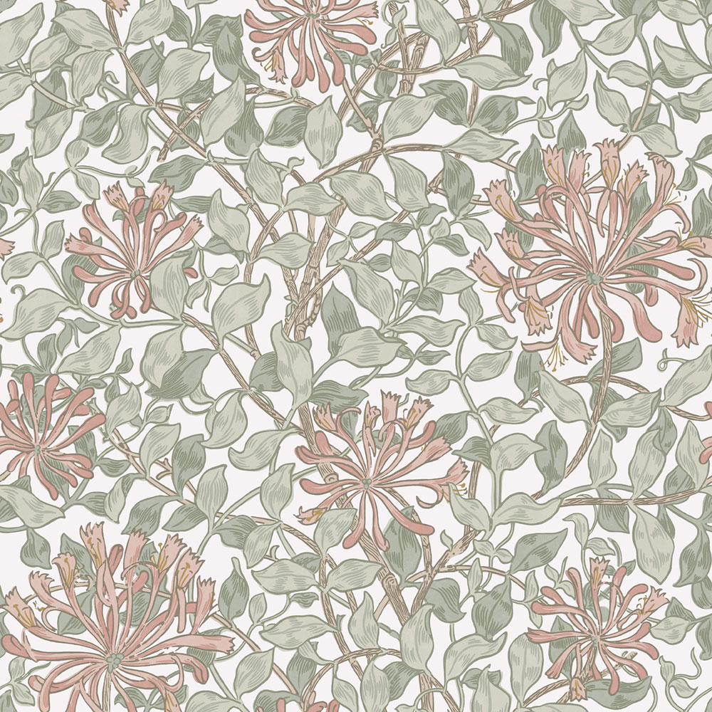Tapéta, olívazöld, rózsaszín, virágok, levelek, 140488, William Morris at Home vol. 2