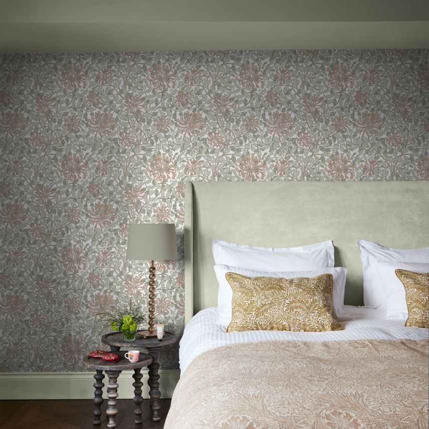 Tapéta, olívazöld, rózsaszín, virágok, levelek, 140488, William Morris at Home vol. 2