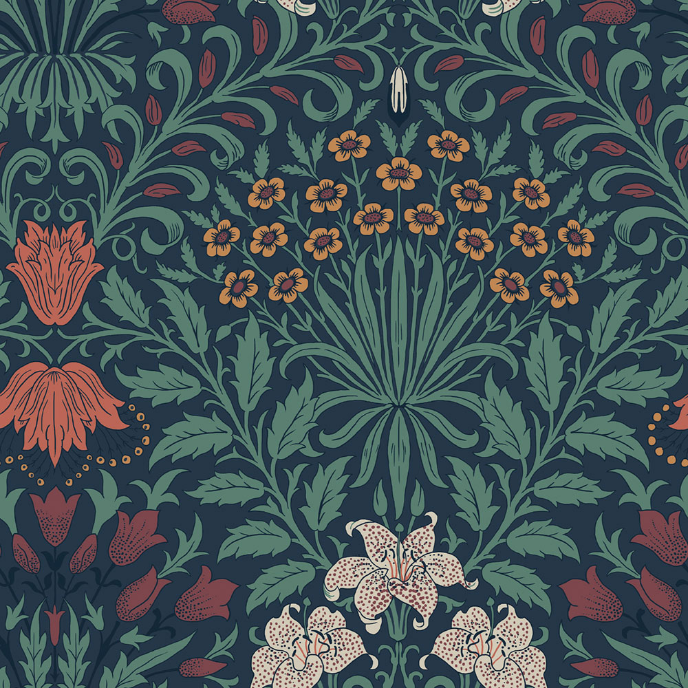 Tapéta, kék, piros, virágok, levelek, 140494, William Morris at Home vol. 2