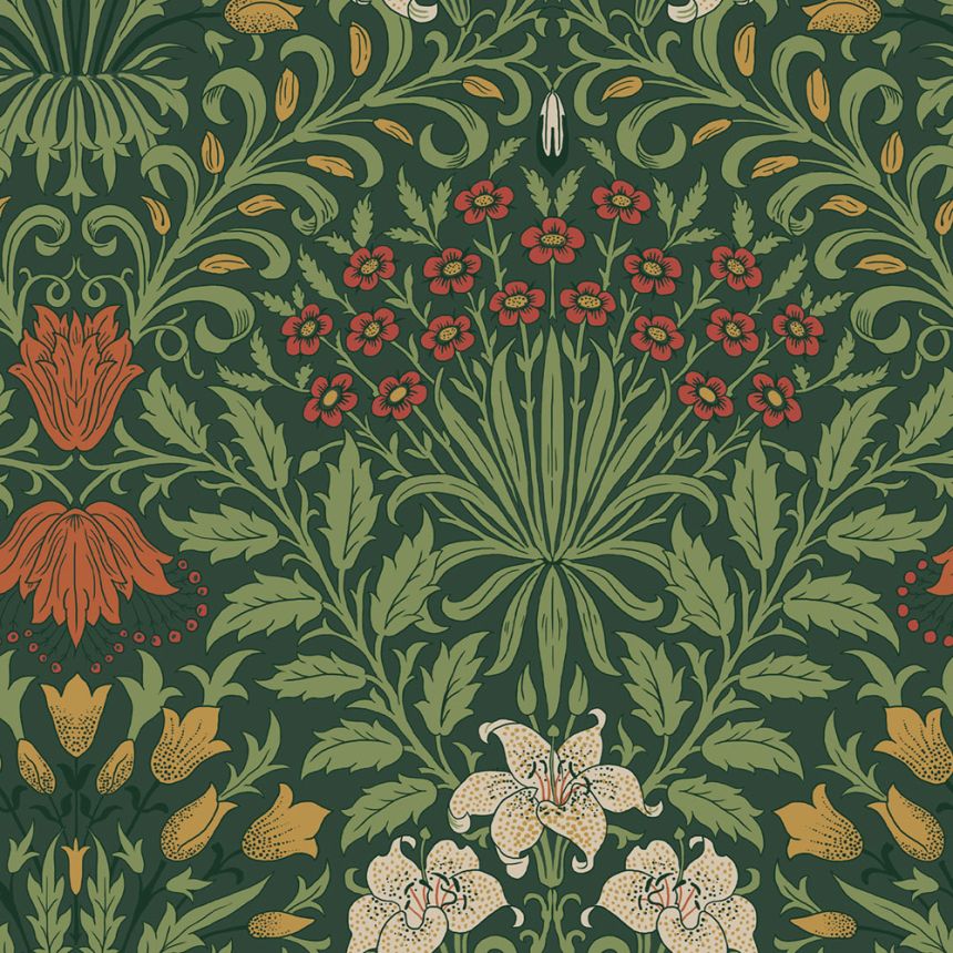 Tapéta, zöld, piros, virágok, levelek, 140495, William Morris at Home vol. 2