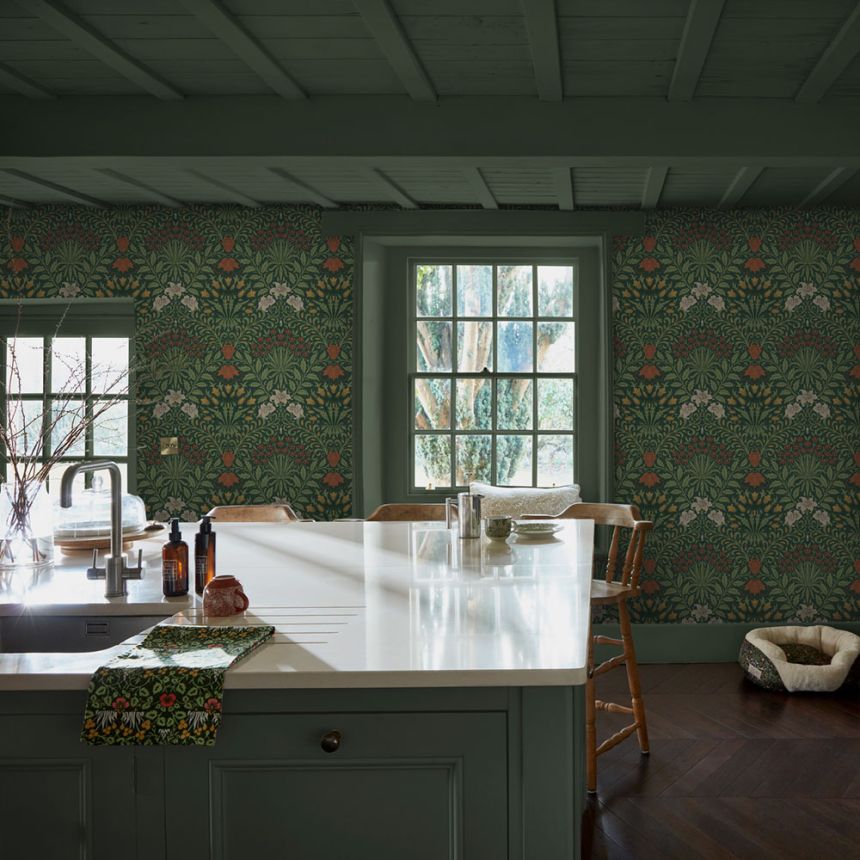 Tapéta, zöld, piros, virágok, levelek, 140495, William Morris at Home vol. 2