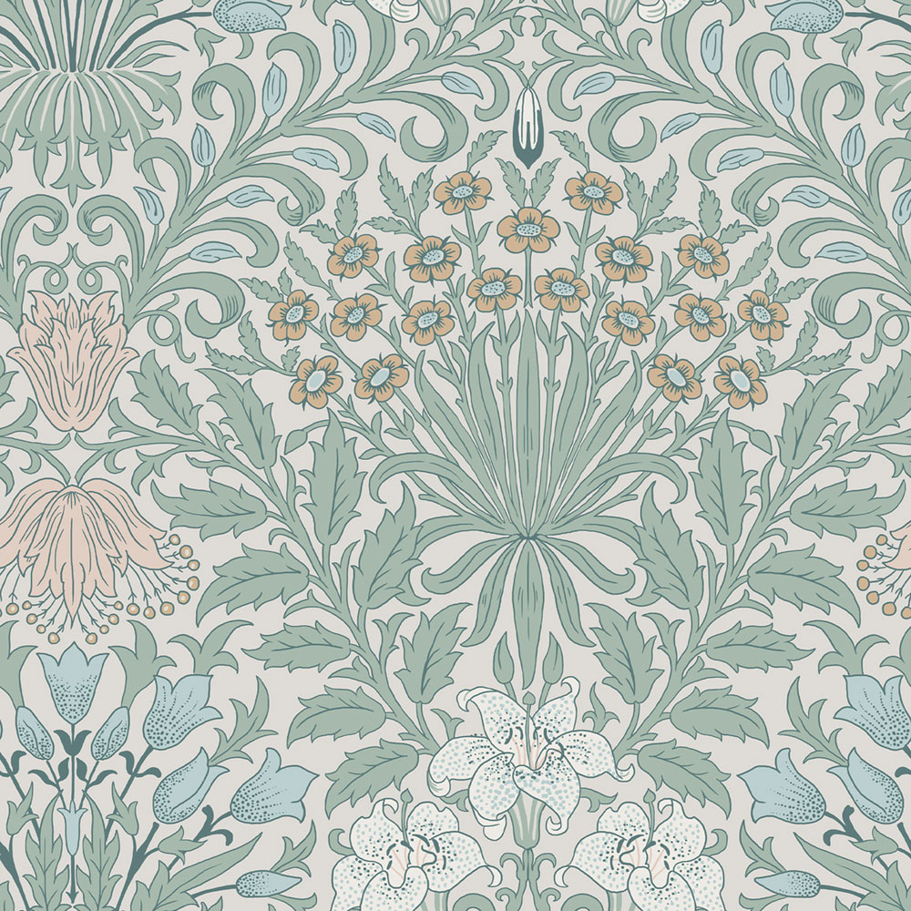 Tapéta, zöld, rózsaszín, virágok, levelek, 140496, William Morris at Home vol. 2