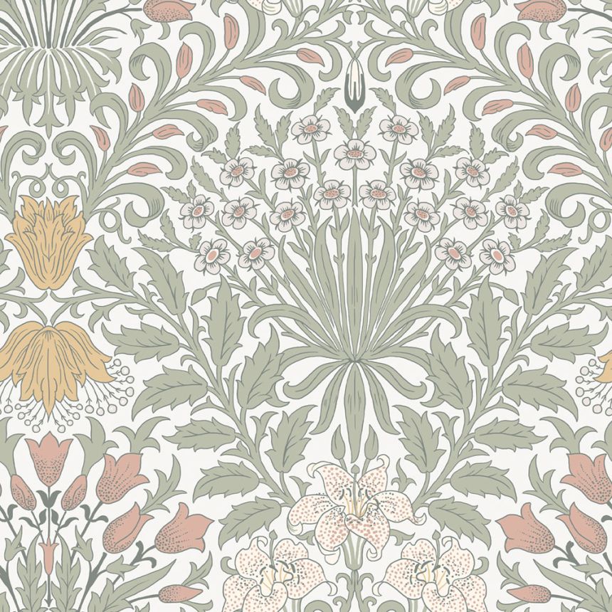 Tapéta, szürke, rózsaszín, virágok, levelek, 140497, William Morris at Home vol. 2