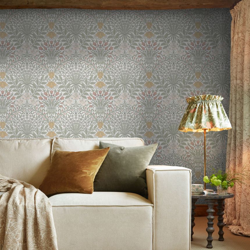 Tapéta, szürke, rózsaszín, virágok, levelek, 140497, William Morris at Home vol. 2