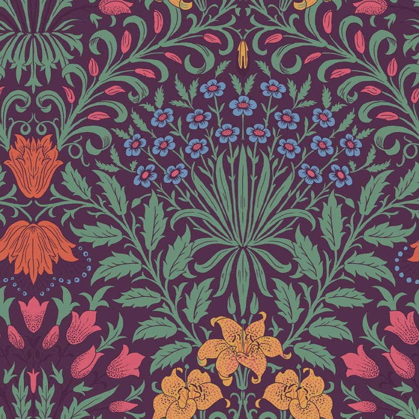 Tapéta, lila, zöld, virágok, levelek, 140498, William Morris at Home vol. 2