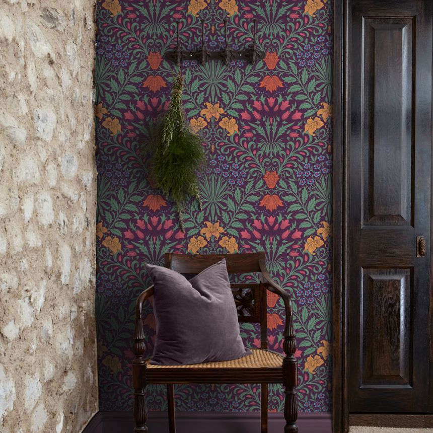 Tapéta, lila, zöld, virágok, levelek, 140498, William Morris at Home vol. 2