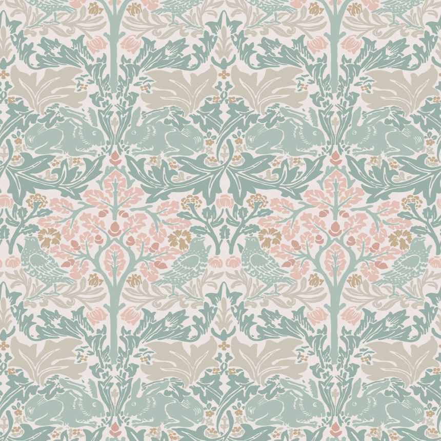 Tapéta, zöld, rózsaszín, levelek, fák, madarak, nyulak, 140499, William Morris at Home vol. 2