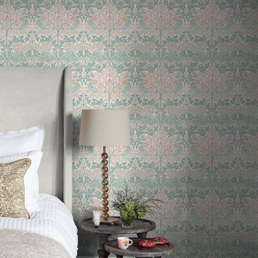 Tapéta, zöld, rózsaszín, levelek, fák, madarak, nyulak, 140499, William Morris at Home vol. 2