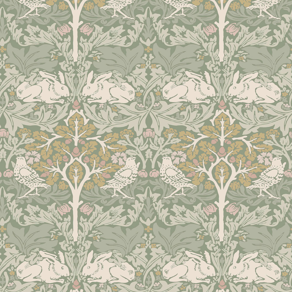 Tapéta, szürke, zöld, levelek, fák, madarak, nyulak, 140500, William Morris at Home vol. 2