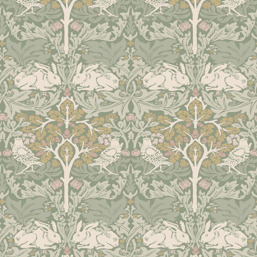 Tapéta, szürke, zöld, levelek, fák, madarak, nyulak, 140500, William Morris at Home vol. 2