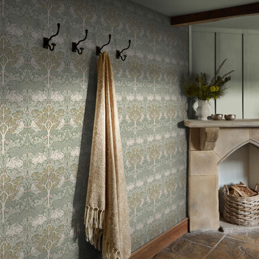 Tapéta, szürke, zöld, levelek, fák, madarak, nyulak, 140500, William Morris at Home vol. 2