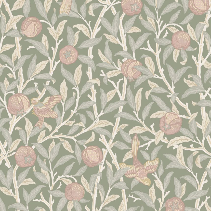 Tapéta, zöld, rózsaszín, ágacskák, madarak, 140502, William Morris at Home vol. 2