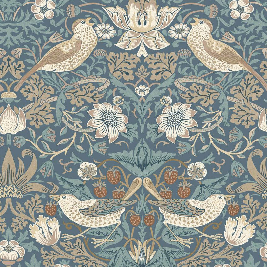 Tapéta, kék, bézs, virágok, madarak, 140503, William Morris at Home vol. 2