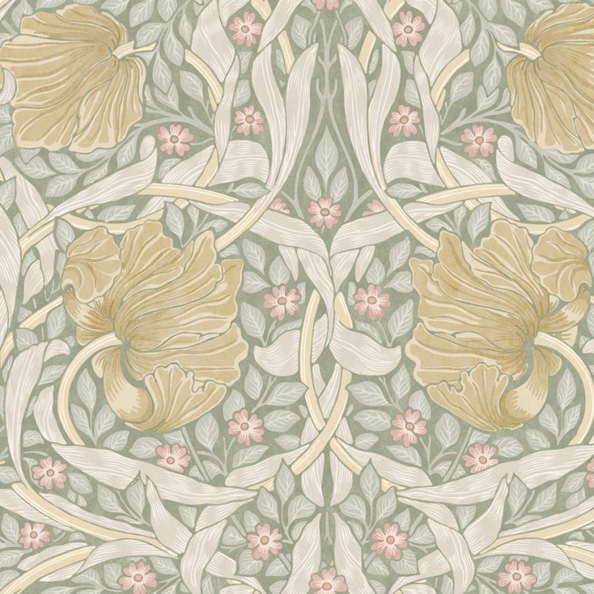 Tapéta, zöld, okkersárga, virágok, 140506, William Morris at Home vol. 2