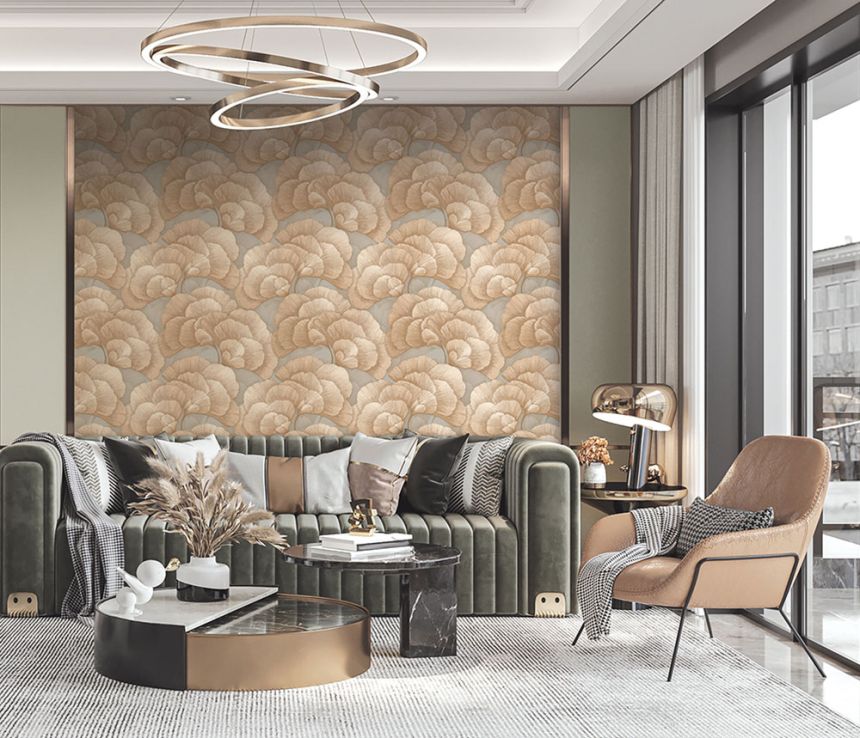 Ginkgólevél-mintás tapéta, szürkés bézs, arany, RE521014, Renaissance, Design ID