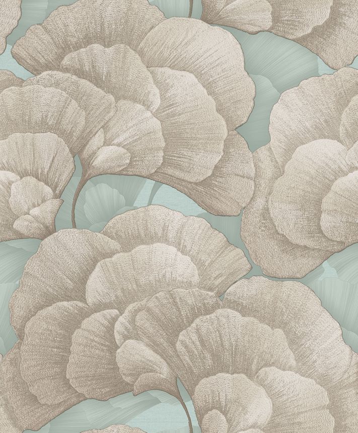 Ginkgólevél-mintás tapéta, türkiz, arany, RE521015, Renaissance, Design ID