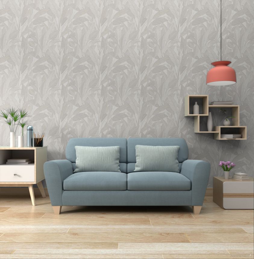 Levélmintás tapéta, fehér, szürkés ezüst, RE521051, Renaissance, Design ID