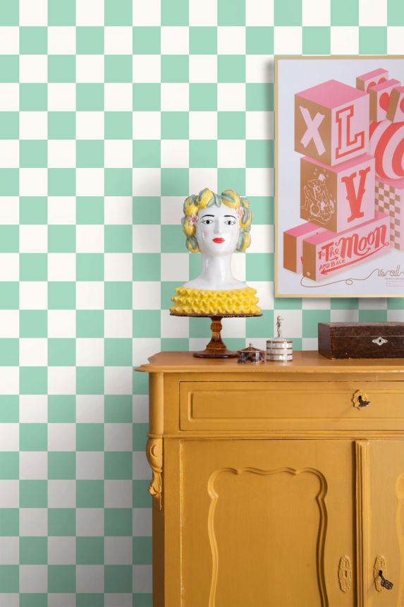 Sakkmezős mintás tapéta, zöld, fehér, 139999, Color Pop, Esta Home