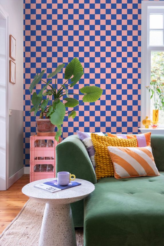 Sakkmezős mintás tapéta, rózsaszín, kék, 130915, Color Pop, Esta Home