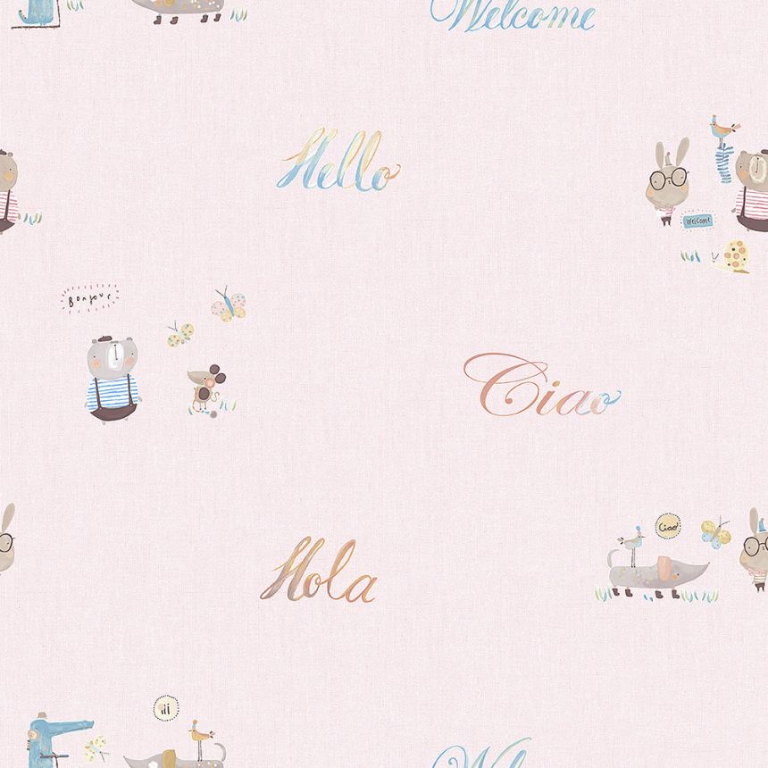 Rózsaszín papír gyerek tapéta állatokkal és feliratokkal 3353-2, Oh lala, ICH Wallcoverings