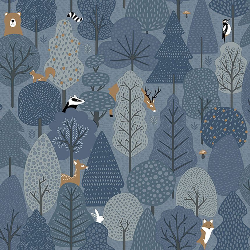 Vlies kék gyerek tapéta - állatok az erdőben M51601, My Kingdom, Ugépa